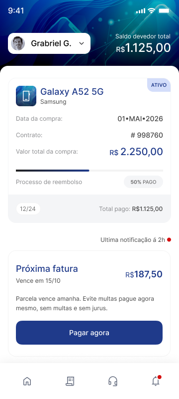 Tela inicial do PayMaster com saldo, contrato ativo e próxima parcela