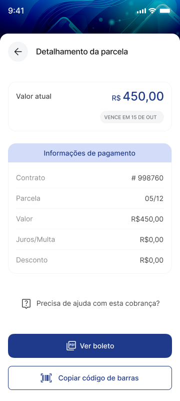 Detalhamento da parcela com valor, juros e desconto